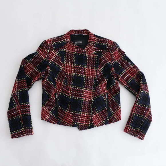 Riani Red Black Checker Plaid Cross Knit Tweed Snap Button Crop Blazer 10 - Picture 4 of 14